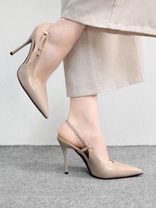 CUCCOO BIZCHIC Women's Back Strap Decor Bowknot High Heel Pumps, Wine Red Color Spring Shoes Spring Break Easter For Christmas Spring Shoes - apricot PU - View 3