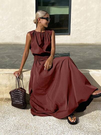 Livesso Holiday Outfit Women's Summer Sleeveless Loose Fit Skirt 2 Pieces Set