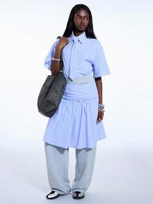 COUREZ Short Sleeve Shirt With Removable Tie Detail /Y2K Spring Cute Blue Shirts For Women Going Out Summer Top - Blue - View 1
