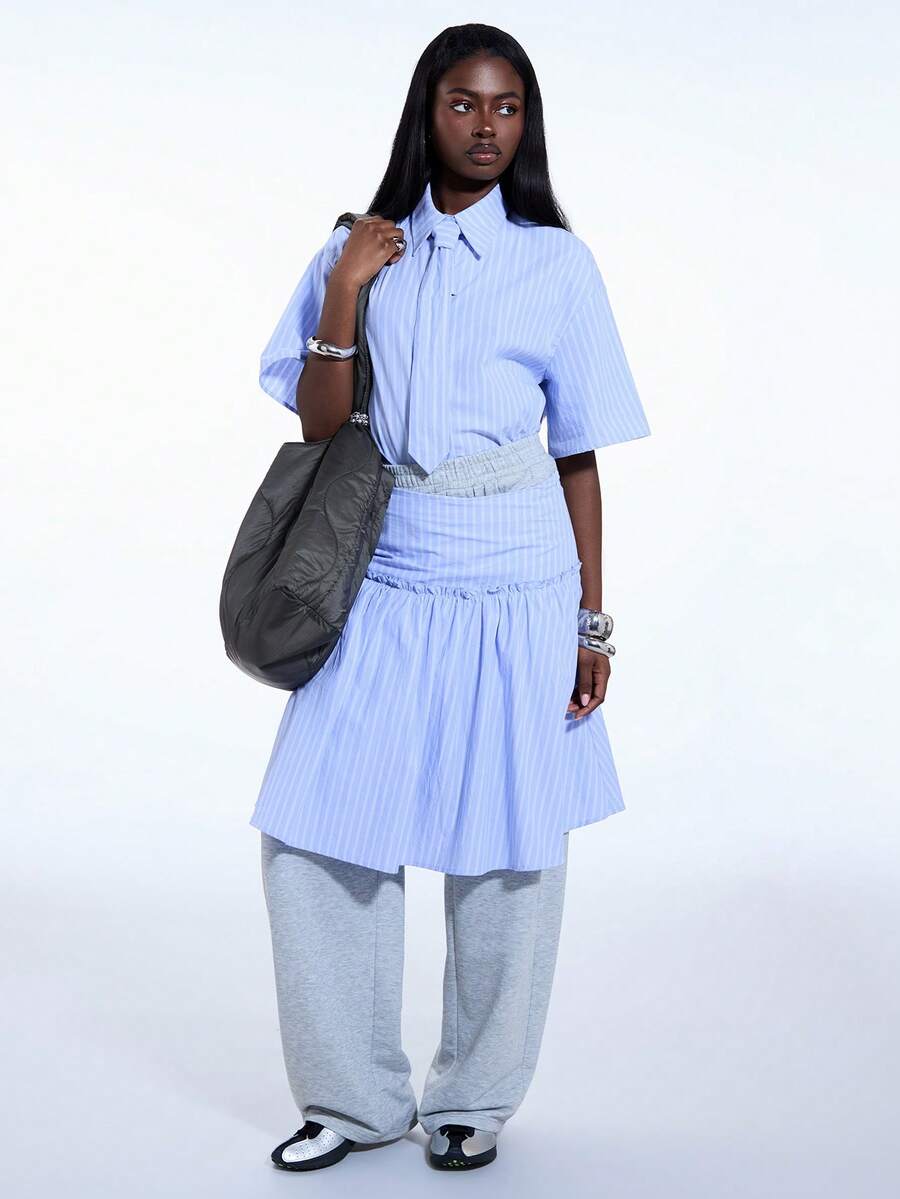 COUREZ Short Sleeve Shirt With Removable Tie Detail /Y2K Spring Cute Blue Shirts For Women Going Out Summer Top - Blue - View 1