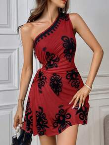 Firerie Vestido mini elegante y bohemio de mujer con estampado, sin mangas, plisado y calado, adecuado para la playa, vacaciones y viajes - Rojo - Ver 3