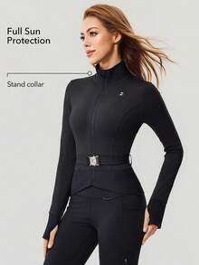 OutZeal 女士运动夹克 黑色 日常休闲 柔软弹力修身 立领 拉链 运动上衣 - 黑色 - 查看 3