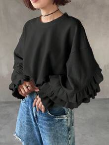 FRIFUL Women's Solid Color High Gram Weight Ribbed Fabric Round Neck Dropped Shoulder Long Sleeve Textured Fabric Cuff Gathered Sleeve Frill Trim Loose Casual Versatile T-Shirt - Black - View 5