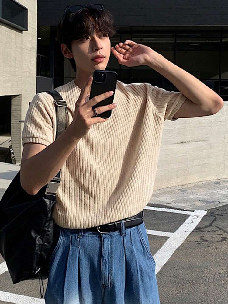 Men's Textured Apricot Short Sleeve T-Shirt, Summer