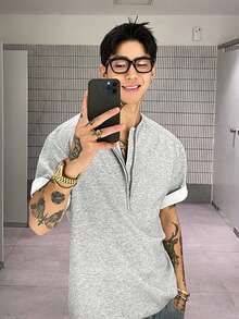 DAZY 男士灰色圆领半拉链短袖T恤，夏季款 - 灰色 - 查看 1