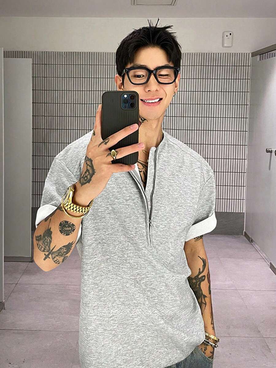 DAZY 男士灰色圆领半拉链短袖T恤,夏季款 - 灰色 - 查看 1