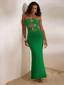 Opulessa Women's Green Knitted Maxi Dress Strapless Sleeveless Fitted With Rings Casual Plain Pencil Hem Design - Green - View 5