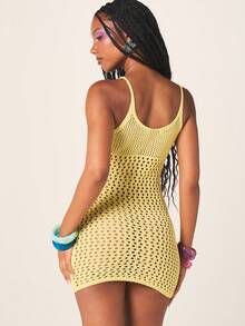 MISSGUIDED Crochet Starfish Detail Mini Dress Long Sleeve V Neck Bodycon Summer Beach Resort Vacation Knit Dress - Yellow - View 3