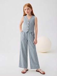 SHEIN Bộ đồ 2 món cho bé gái tuổi teen, gồm áo vest kẻ sọc và quần ống rộng, thích hợp cho kỳ nghỉ. - Xanh và trắng - Xem 4