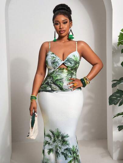 Slaydiva Slayr Plus Size Tropical Print Twist Front Dress For Women, Summer Resort Wear Curve Tropical Dress Plus Size Plus Size Two Piece Skirt Set Plus Size Summer 2 Piece Set Plus Size Sets Curve 2 Piece
