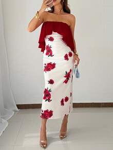 Franclia Fiery Red Floral Print Long A Line Dress For Women Elegant Sleeveless With Ruffle Asymmetrical Neck And Flared Hem Design - Fiery Red - View 6