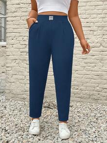 SHEIN PETITE CURVE Plus Size Women's Letter Embroidered Pockets Casual Tapered Pants - Royal Blue - View 4