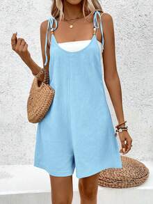 Breezaya Solid Color Washed Cotton Round Neck Beaded Jumpsuit Holiday Beach Vacation Holiday Light Blue Summer Boho - Baby Blue - View 7