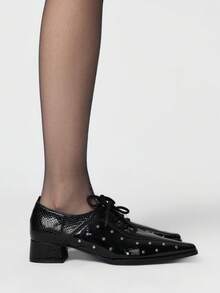 ROMWE Grunge Punk 女士黑色蛇纹铆钉拼接系带高跟鞋 - 黑色 - 查看 4