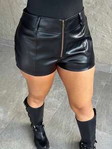 Dayanna Comas Women's Solid Color Zipper Front Casual Shorts,Micro Shorts - Black - View 3