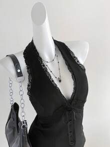 Elamini Áo vest ngắn không tay cổ chữ V phối ren, thắt nơ eo, phong cách Pháp thanh lịch, lãng mạn, cổ điển, gợi cảm, thích hợp cho công sở, đi làm, hẹn hò, mua sắm, dự tiệc, thích hợp cho mùa xuân/hè. - màu đen - Xem 3