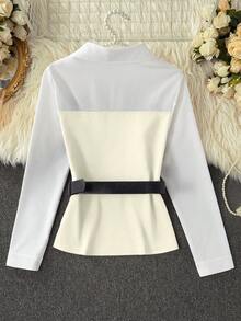 Franclia Áo sơ mi nữ thời trang thường ngày phối màu, thắt lưng. - Màu be - Xem 2