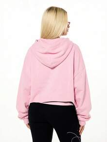 SUMWON WOMEN Oversized Zip Through Hoodie With Contrast Script Graphic Print Boxy Fit Casual Streetwear Sweatshirt - Baby Pink - View 2