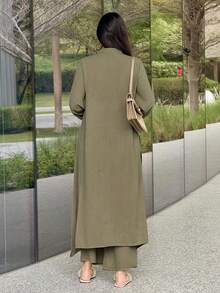 Veilorie Women's Solid Color Front Button Asymmetric Hem Long Sleeve Top And Pants Elegant 2 Pieces Set - Army Green - View 6