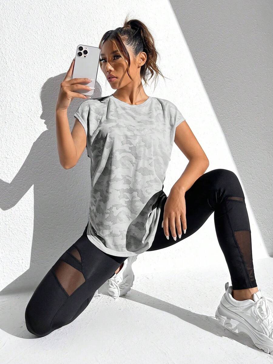 Seamluxe SHEIN Sport 女士印花简约休闲短袖运动T恤 - 灰色 - 查看 1