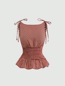Sweetra Áo camisole dáng ôm, xếp ly, thắt eo, họa tiết kẻ caro, thời trang mùa hè mới, thanh lịch. - Đỏ - Xem 1