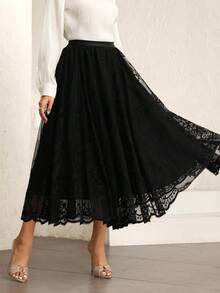 Modelyn Black Elastic Waist Lace Loose Skirt For Women - Black - View 2