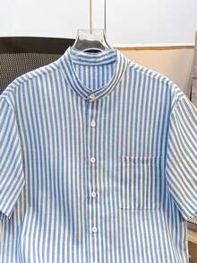 Manfinity Joysei 男士条纹印花贴袋前扣休闲短袖衬衫 - 藍色 - 查看 4