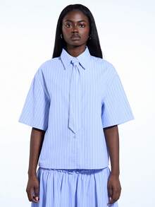 COUREZ Short Sleeve Shirt With Removable Tie Detail /Y2K Spring Cute Blue Shirts For Women Going Out Summer Top - Blue - View 2