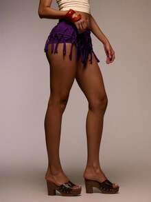 MUSERA 针织迷你短裤交叉针织细节罩衫，夏季，伊比沙岛，假日，可爱，节日，度假沙滩装，海滩，波西米亚风，迈泰鸡尾酒，秋冬派对 - 紫色 - 查看 3