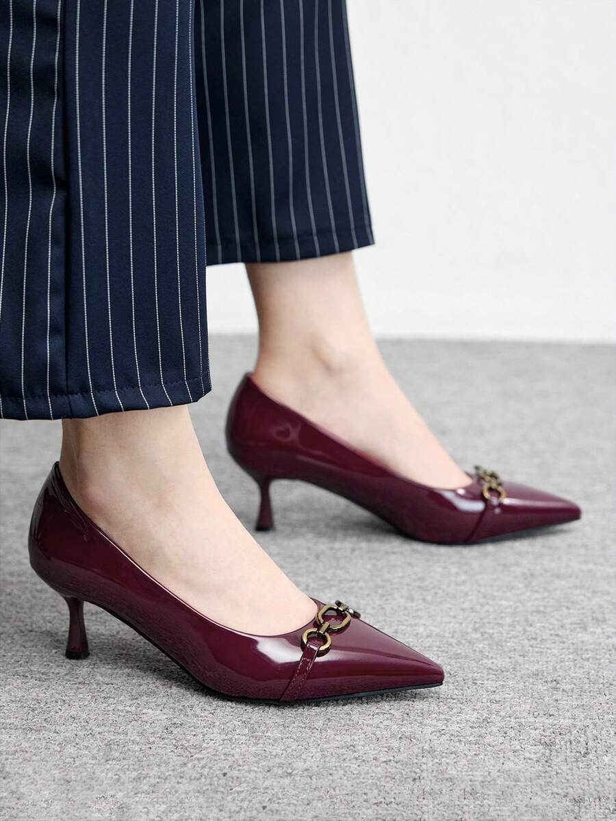CUCCOO BIZCHIC Women's High-Heeled Shoes, Retro Burgundy Patent Leather Pointed High Heels, Metal Buckle Stiletto Shoes, Elegant Banquet Daily Commuter Versatile Women's Shoes Valentine's Day - Burgundy - View 1
