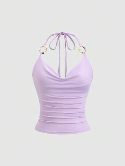 Sweetra New Y2K Metal Ring Decor Commuter Versatile Draped Neck Tie Strap Women Tank Top Sexy Halter Top Lavender Halter Top