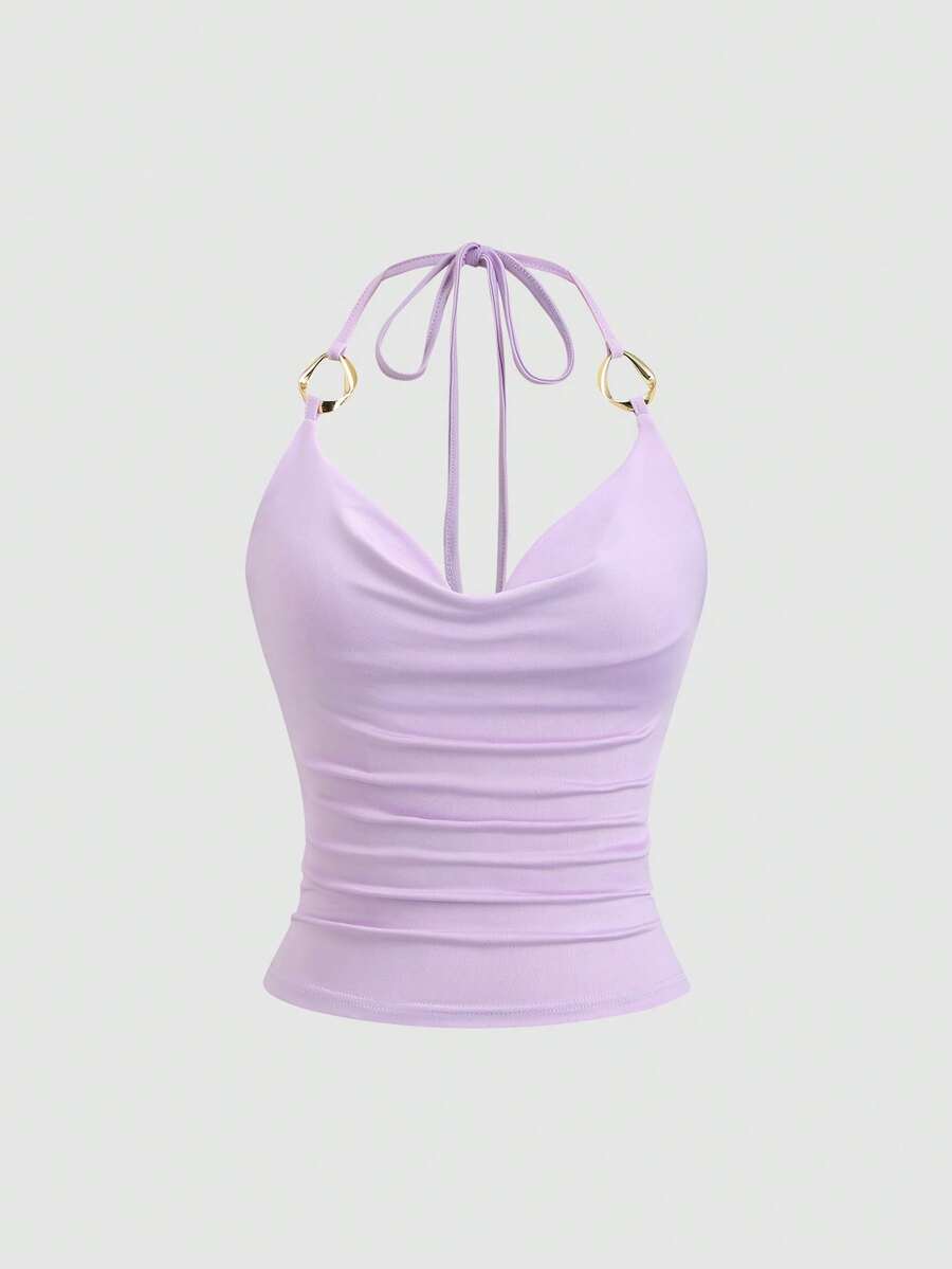 Sweetra Áo tank top nữ kiểu dáng mới thời Y2K với dây buộc cổ xếp nếp, trang trí bằng kim loại, phù hợp cho người đi làm. - Màu tím - Xem 1