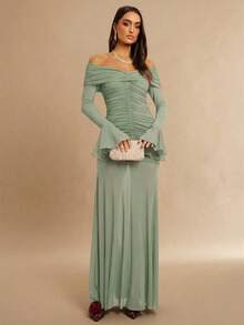 Silquee Solid Color Off Shoulder Ruched Fitted Elegant Long Sleeve Dress - Mint Green - View 4