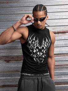 AXEPEAK Men's Gothic Print Round Neck Casual Tank Top - Black - View 4