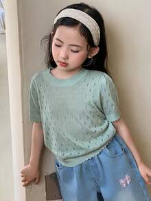 DAZY Áo len cổ tròn tay ngắn cho bé gái, trang phục mùa thu. - màu xanh lá - Xem 6