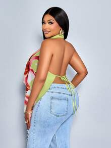 SOLERSUN Plus Size Sexy And Elegant Seaside Party Vacation Print Beach Top Ladies Spring And Summer Halter Neck Top - Green - View 3