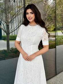 Modelyn Women's Elegant White Lace Short Sleeve Waist Cinched Dress, Summer - White - View 4