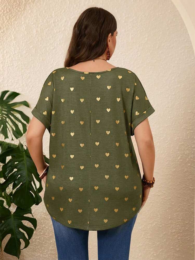 Women Plus Size Heart Print V-Neck Batwing Short Sleeve T-Shirt,Summer,Vacation Women Casual Tops, Summer Top