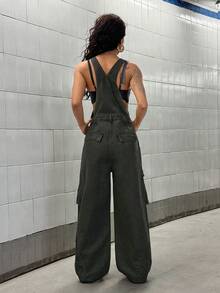 StreetHx Bộ jumpsuit denim dáng rộng, thoải mái, có túi nắp gập, dành cho nữ, phù hợp cho mùa xuân, hè và thu. - Xám - Xem 2