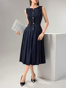 Đầm denim in họa tiết, xếp ly, bất đối xứng, cài nút, kiểu dáng thanh lịch mới, eo thon, có nếp gấp. - Màu xanh hải quân - Xem 3