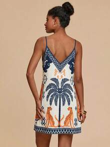 Travachic Women Boho Tropical Print Sleeveless Mini Tunic Dress With Spaghetti Strap Neckline And Wrap Details - Multicolor - View 2