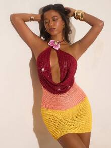 Opulessa Women's Sexy Backless Sequin Draped Neck Fitted Knit Dress, Suitable For Beach Vacation, Summer - Multicolor - View 4