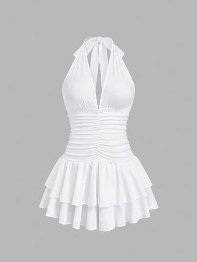 Sweetra Plus Size V-Neck Backless Ruffle Hem Knit Patchwork Bodycon Dress