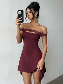 Aloruh Women's Elegant Off Shoulder Lace Patchwork Burgundy Mini Dress,Summer 70's Club Night Party Disco Asymmetrical Hem Night Out Honeymoon Outfit - Burgundy - View 5