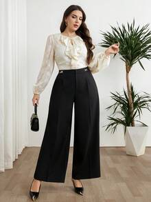 Modelyn Pantalones de pierna ancha de unicolor versátiles y de moda para tallas grandes - Negro - Ver 6