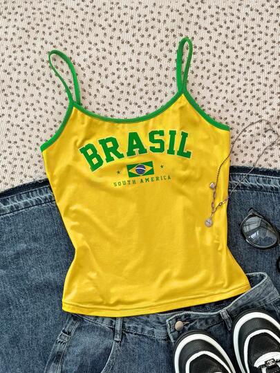 SHEIN Tween Girls Bright Color Brazil Print Contrast Color Casual Camisole Snug Fit Tank Top, Suitable For Summer, Sports & Leisure