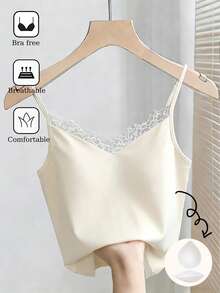 Lyxana Women's Solid Color Lace Patchwork Casual Camisole - Random Floral Lace Pattern - Apricot - View 4