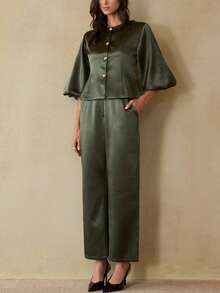 Aveloria EMERY ROSE Elegante completo da donna composto da blusa in raso lucido con maniche a palloncino e bottoni in metallo, abbinata a pantaloni a gamba dritta, adatto per l'ufficio e lo stile di vita metropolitano - Verde militare - Visualizzare 4