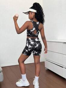 SHEIN Tween Girls Tie Dye Print Hollow Back Cami & Biker Shorts 2-Piece Set, Suitable For Yoga, Sports Day, Back To School - Black - View 5