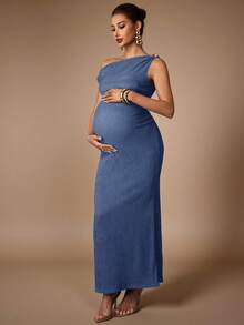 MaterniChic Elegant Maternity Party Solid Color Asymmetrical Shoulder Dress - Blue - View 9